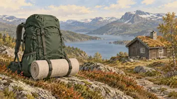 Stor tursekk med rullet liggeunderlag foran en fjellhytte.