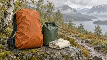 Ryggsekk med regntrekk og en lukket pakkpose i regnvåt skog.