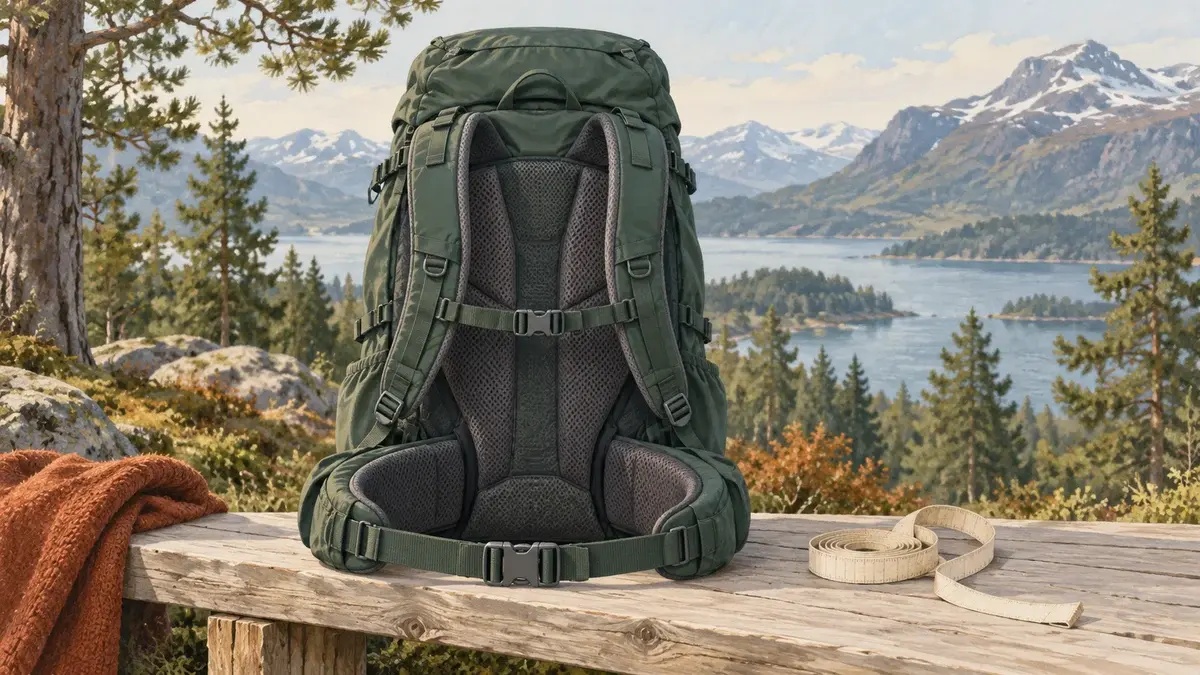 Ryggsekkens bæresystem på en trebenk ved et sammenrullet målebånd.